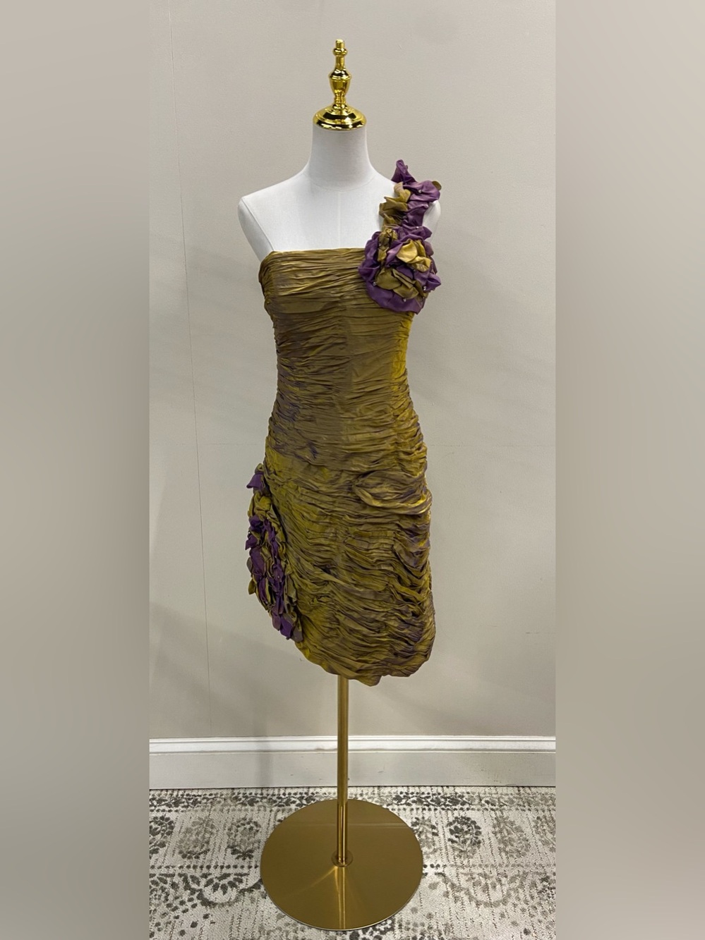 One-Shoulder Gold Cocktail Dress with Purple Floral Accents